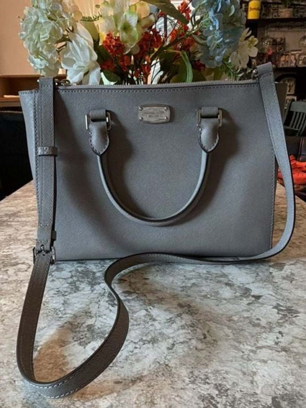 Michael Kors Kellen Medium Saffiano Leather Satchel Gray Crossbody Bag